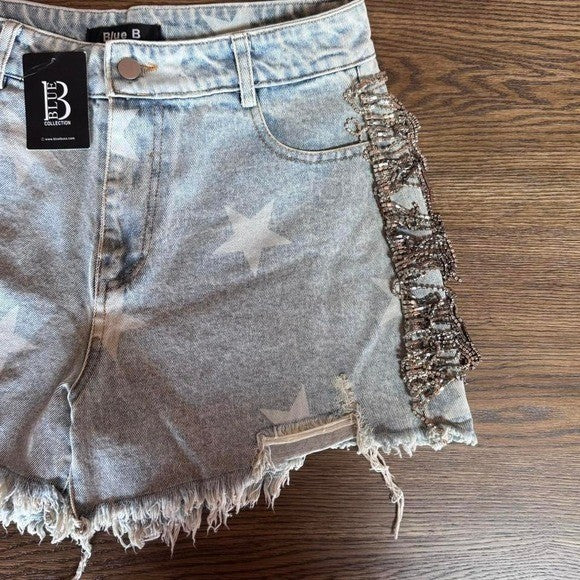NWT L Blue B collections Ultra High Rise Rhinestone Fringe Short