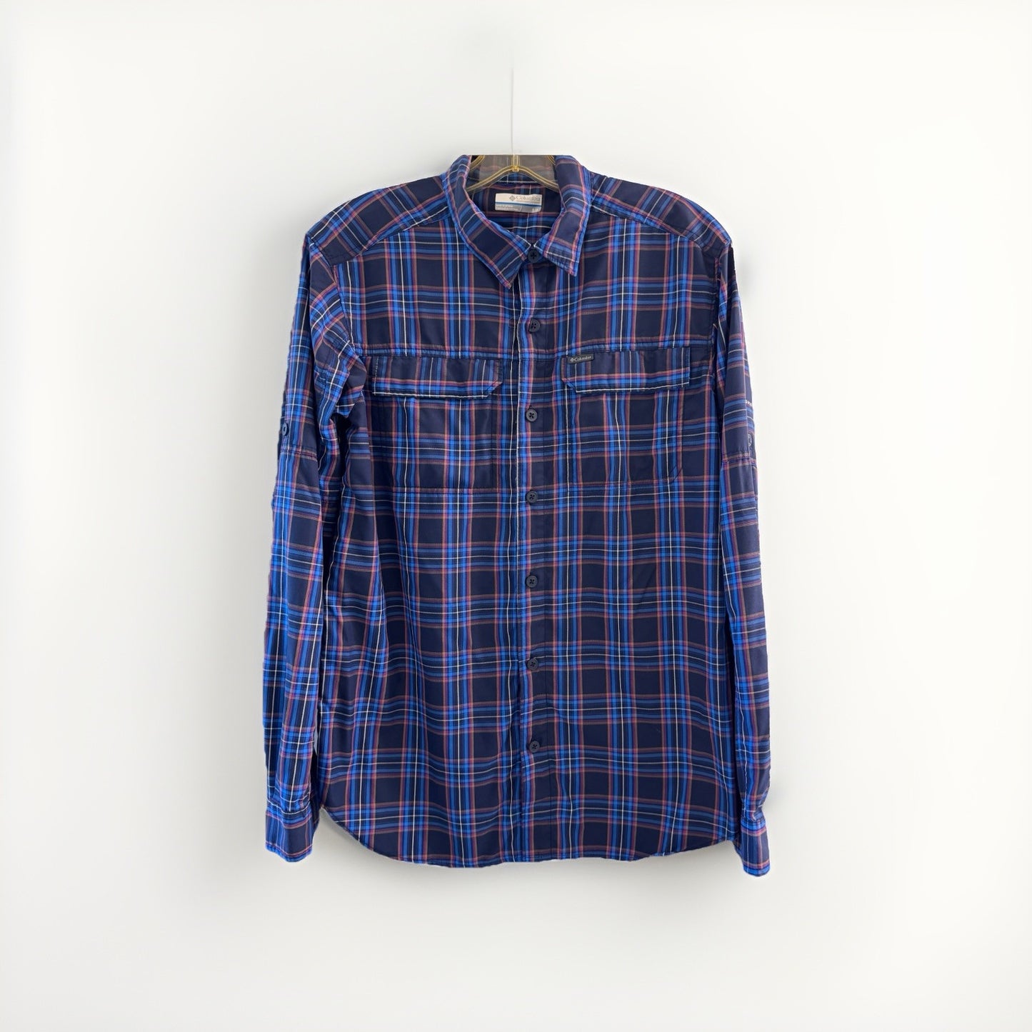 Columbia Mens S Plaid Fishing Shirt Blue Vented Omni-Shade Long Sleeve Nylon