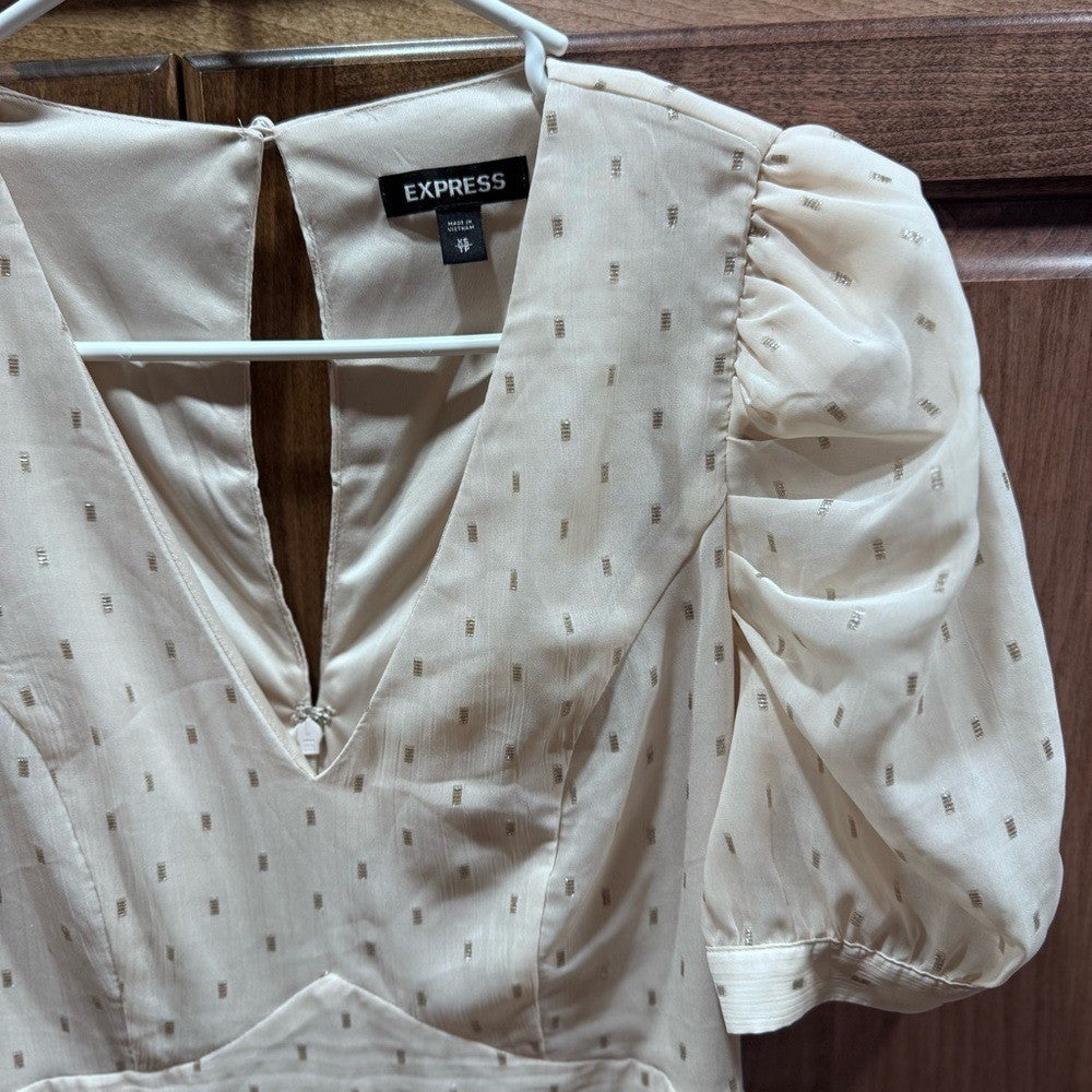 Express Puff Sleeve Midi Dress Women's XS Cream Beige Polka Dot V-Neck Fit