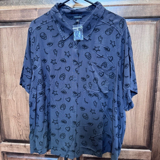 Torrid Emoji Icon Print Button Down Shirt Black Short Sleeve Blouse Size 1 NWOT