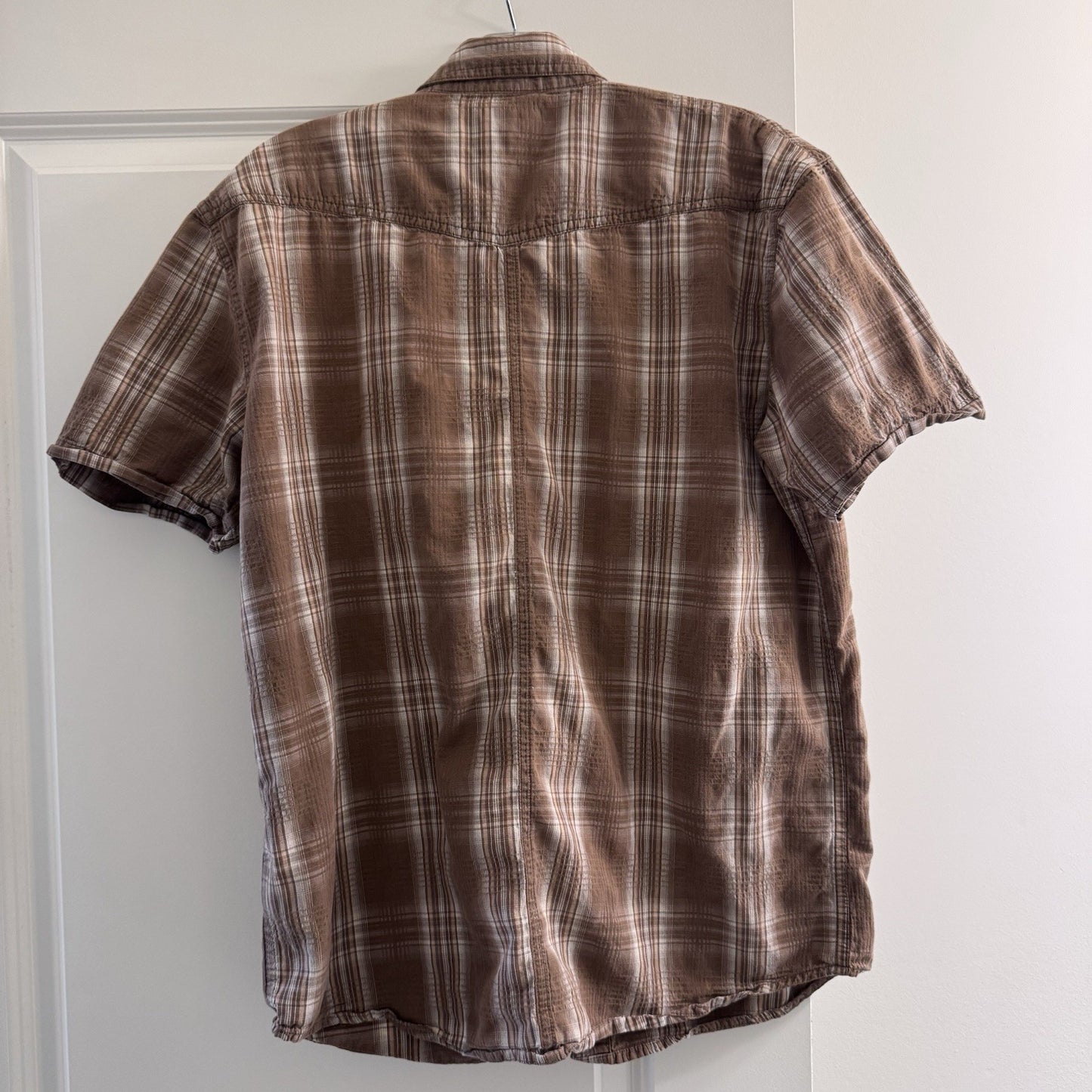 Wrangler Western Plaid Shirt Men’s Medium Brown Short Sleeve 100% Cotton USA Tag
