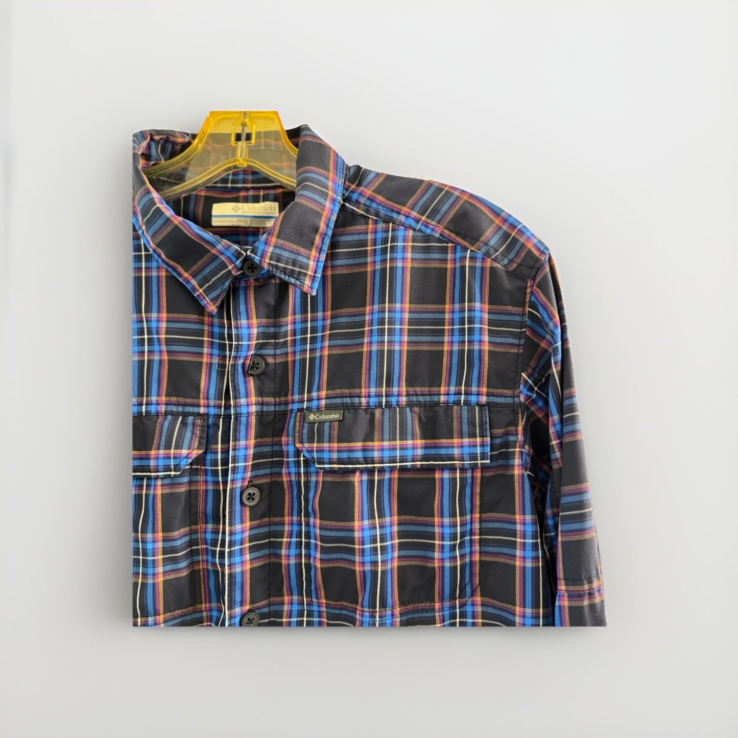 Columbia Mens S Plaid Fishing Shirt Blue Vented Omni-Shade Long Sleeve Nylon
