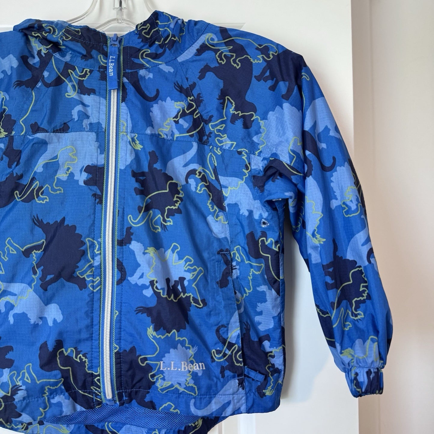 L.L.Bean Kids Rain Jacket Size 4 Blue Dino Print Hooded Windbreaker