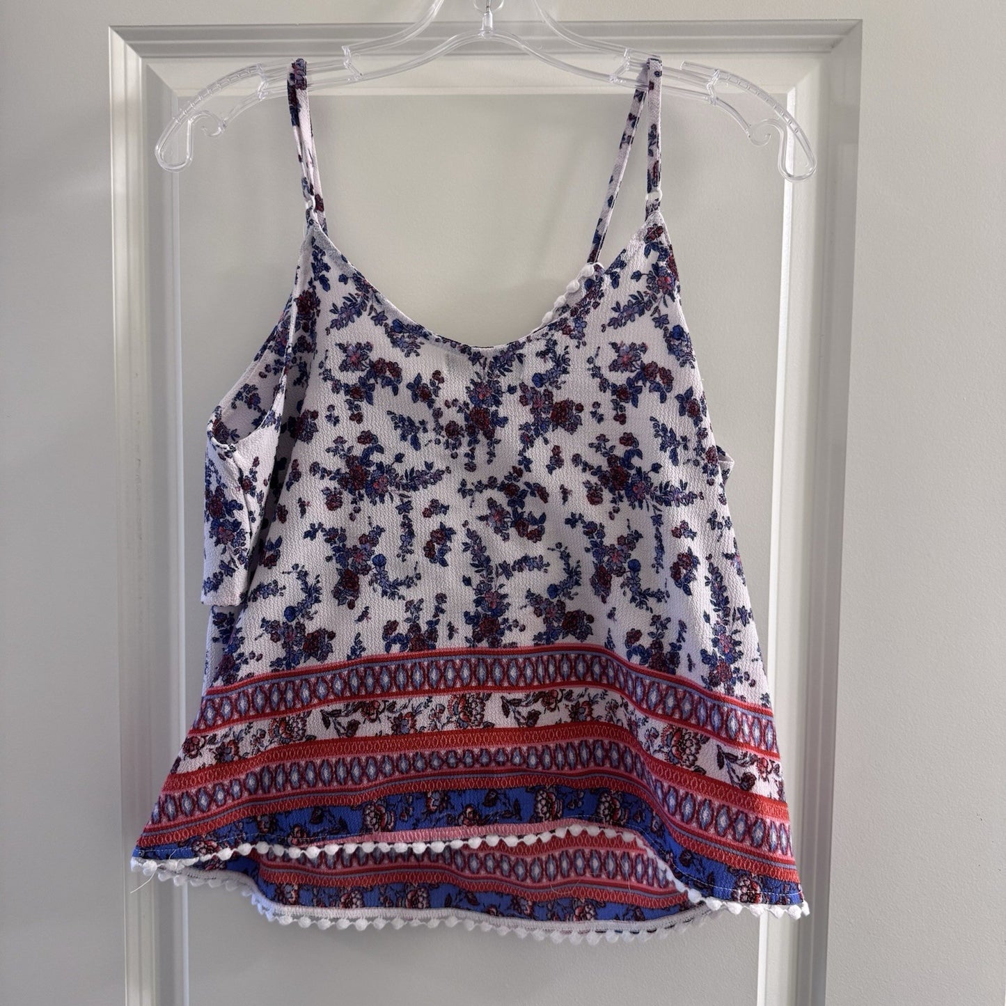 Almost Famous Boho Floral Tank Top L Red White Blue Ruffle Front