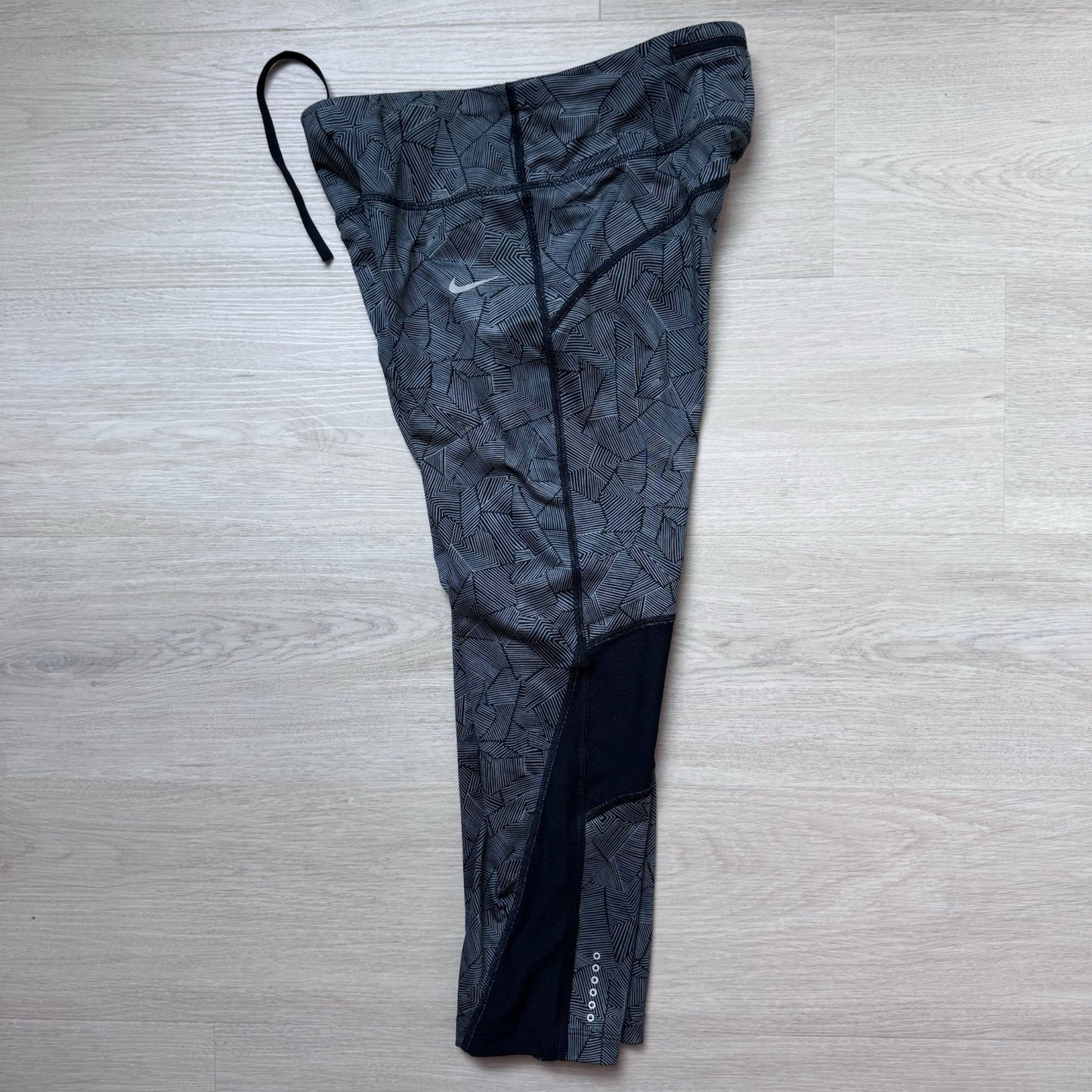 Nike Dri Fit Running Leggings Womens Small Gray Black Print Drawstring