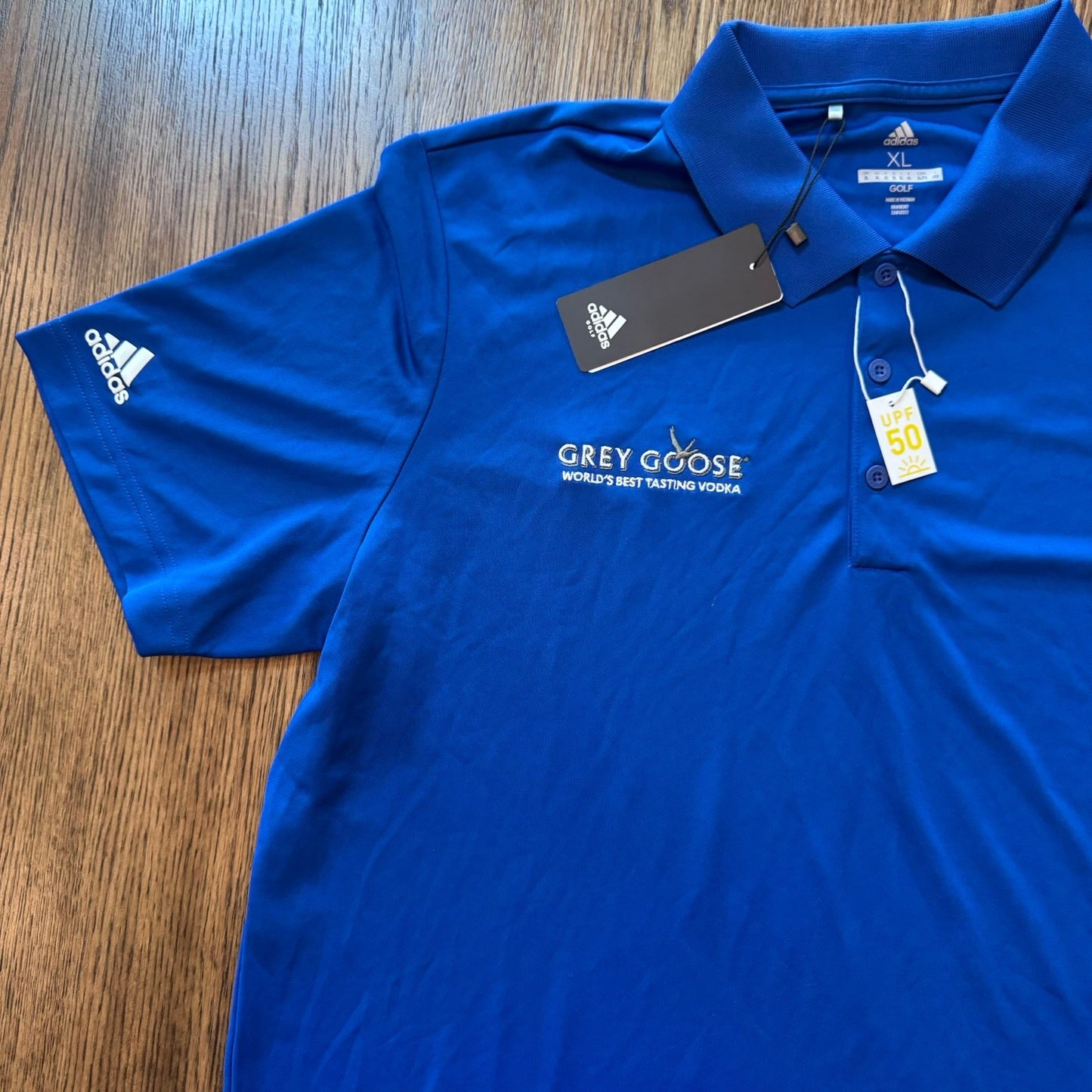 Adidas Golf Polo Shirt XL Blue UPF 50 Grey Goose Vodka Logo NWT
