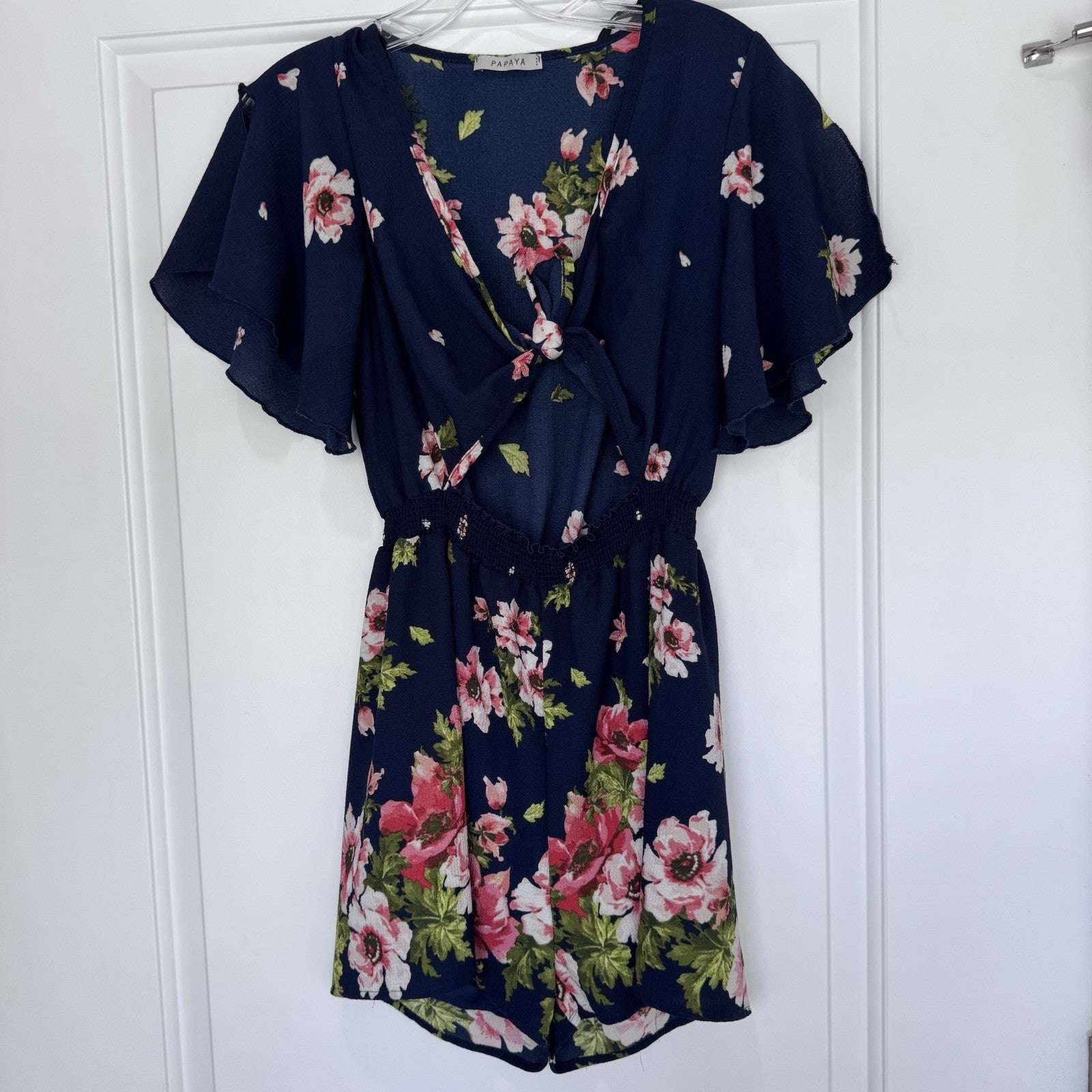 Papaya S Floral Romper Navy Pink Cutout Back Flutter Sleeve Y2K Festival Trendy