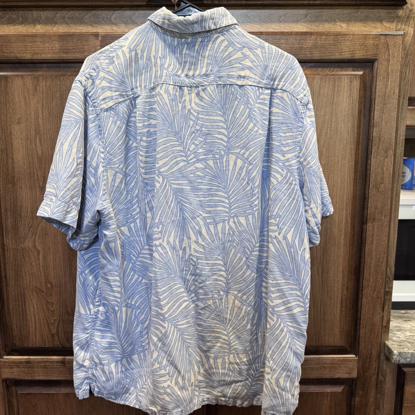 Tasso Elba Island Blue White Palm Print Short Sleeve Button-Up Shirt XL