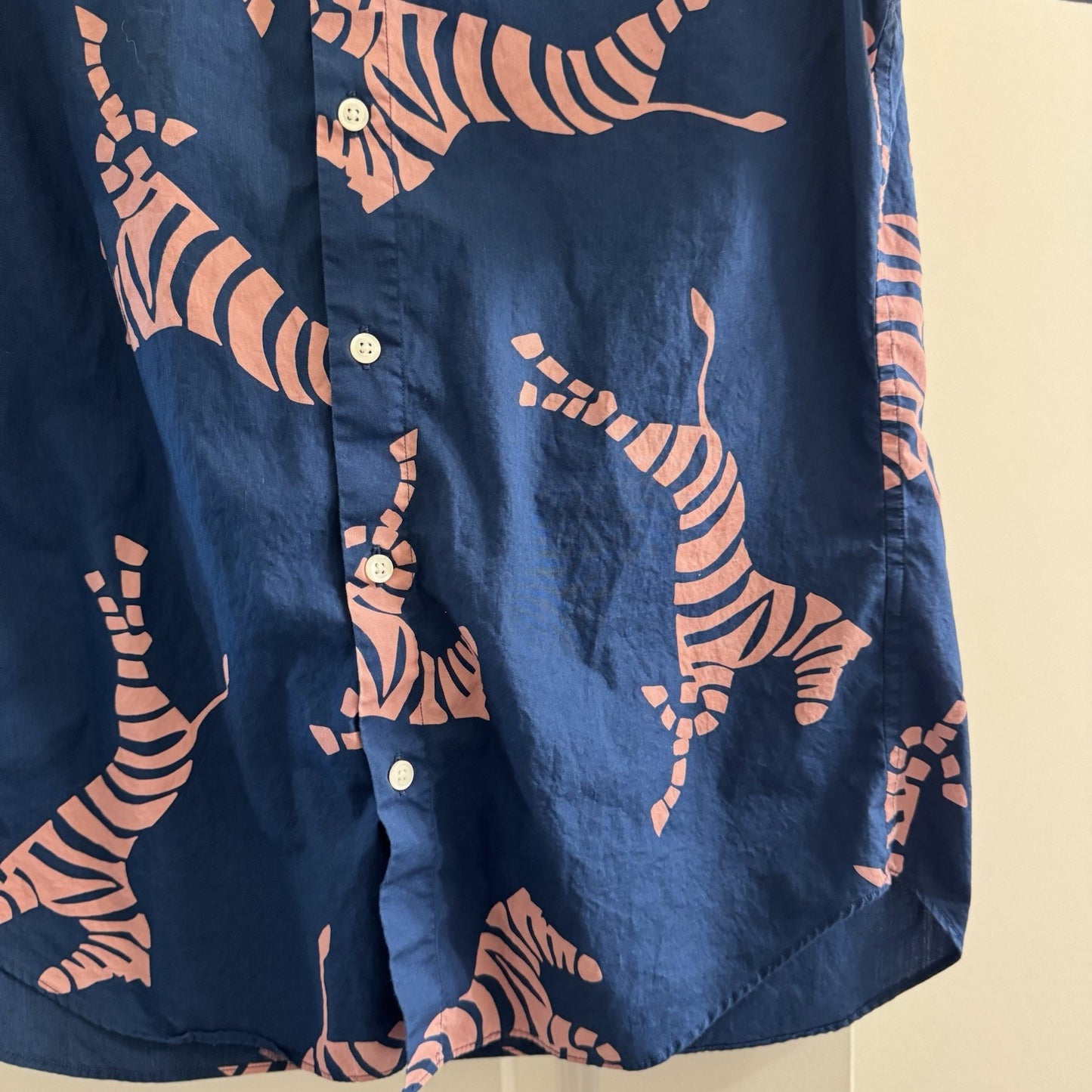 Bonobos Mens Slim Fit Shirt M Navy Pink Zebra Print Short Sleeve Cotton