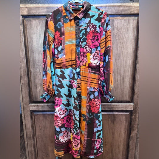 New York & Co. Shirt Style Patchwork Mix Print Dress Women's Size XS