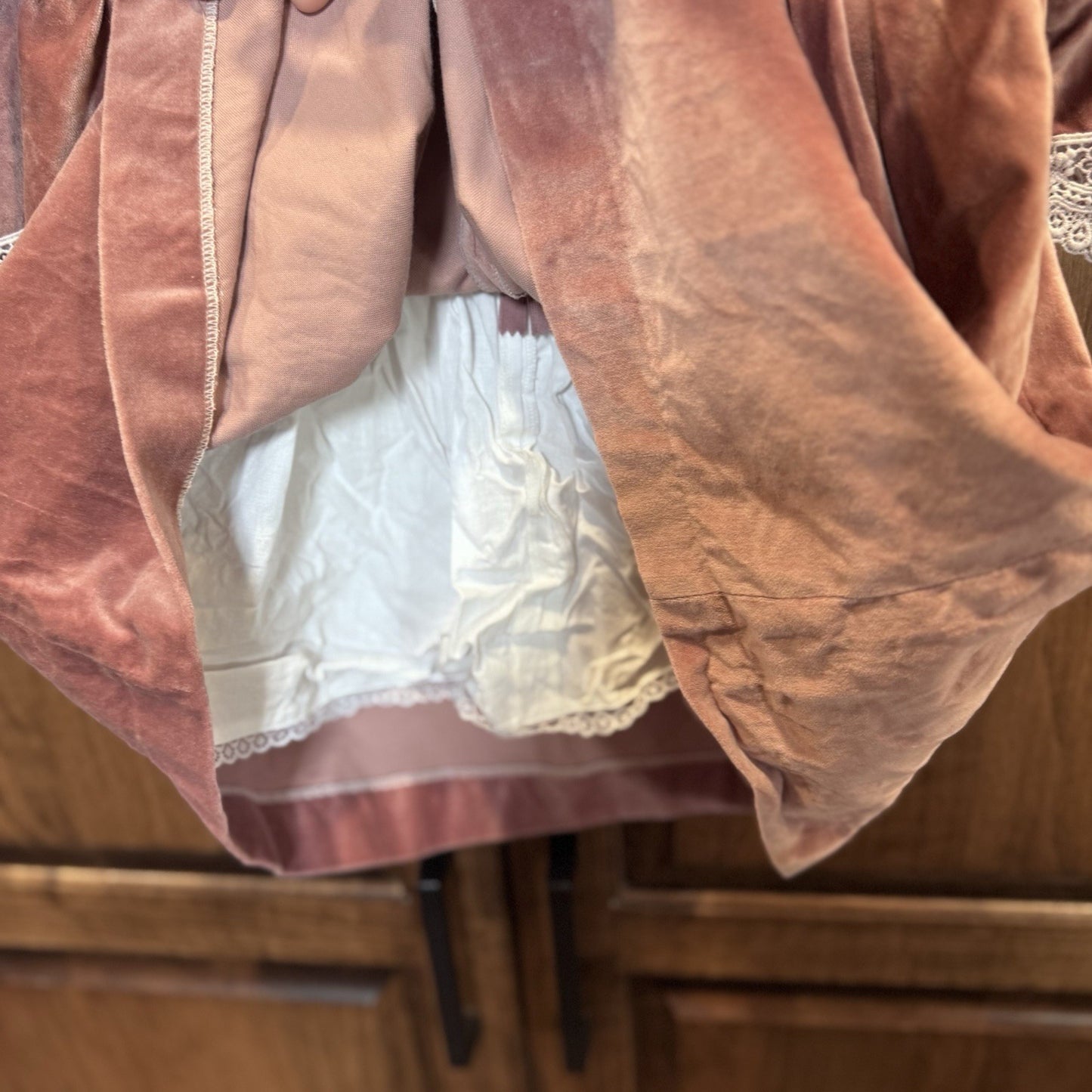 La Coqueta Velvet Pink Long Sleeve Dress with Lace Trim | Size 8 | 100% Cotton