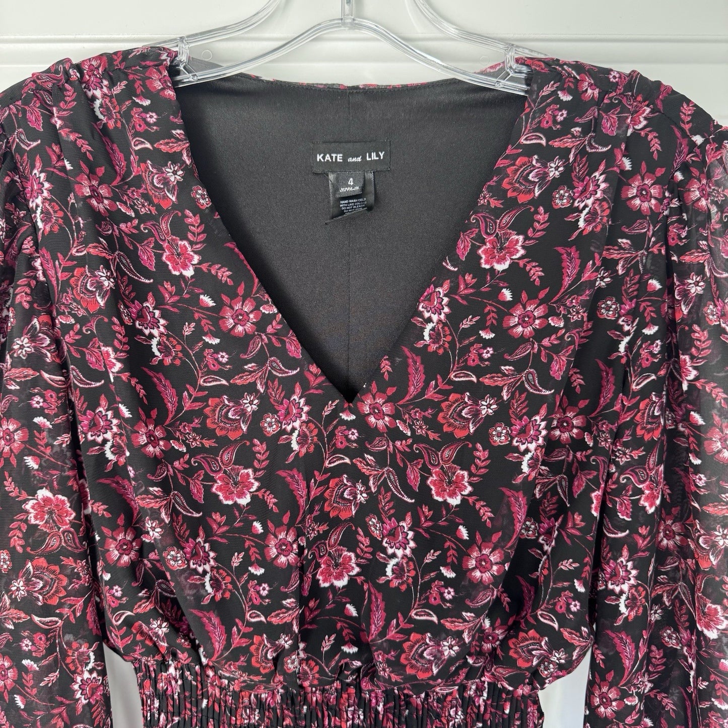 Kate and Lily Dress Size 4 Black Red Floral Midi Sheer Sleeve Smocked Waist