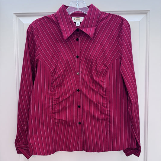 Talbots Petites Blouse 12P Pink White Stripe Button Front Long Sleeve NWT