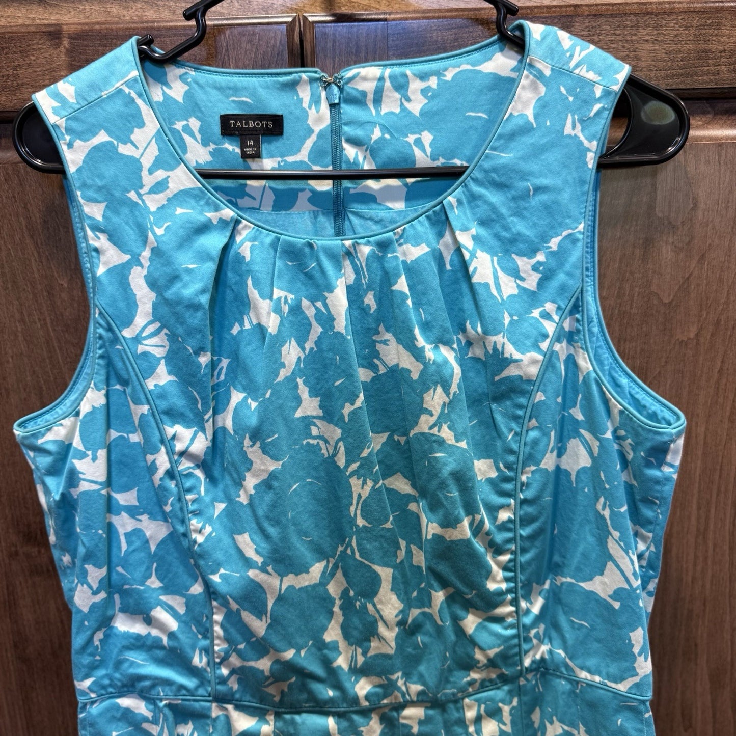 Talbots Womens Size 14 Sleeveless Aqua Blue White Floral Fit and Flare Dress