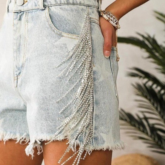 NWT L Blue B collections Ultra High Rise Rhinestone Fringe Short