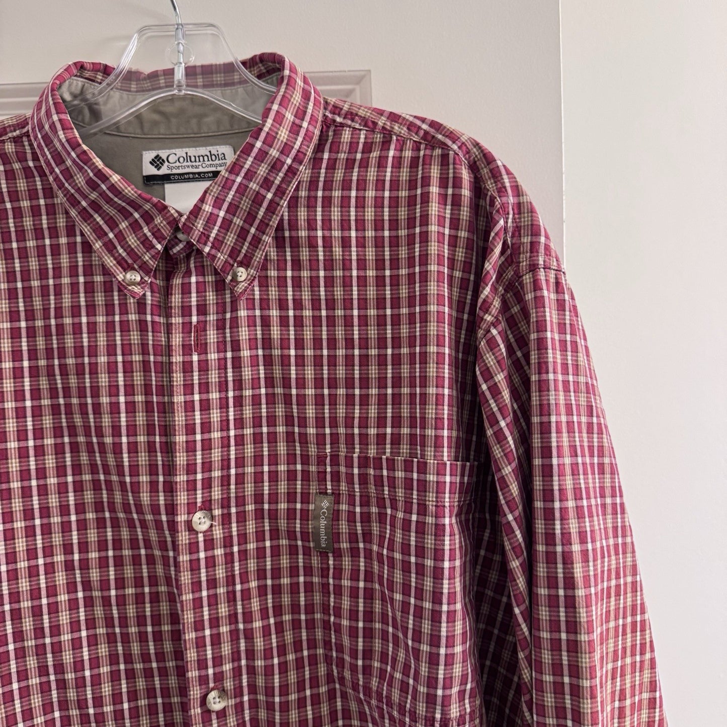 Columbia Men’s Button Down Shirt XLT Tall Red Plaid 100% Cotton Long Sleeve