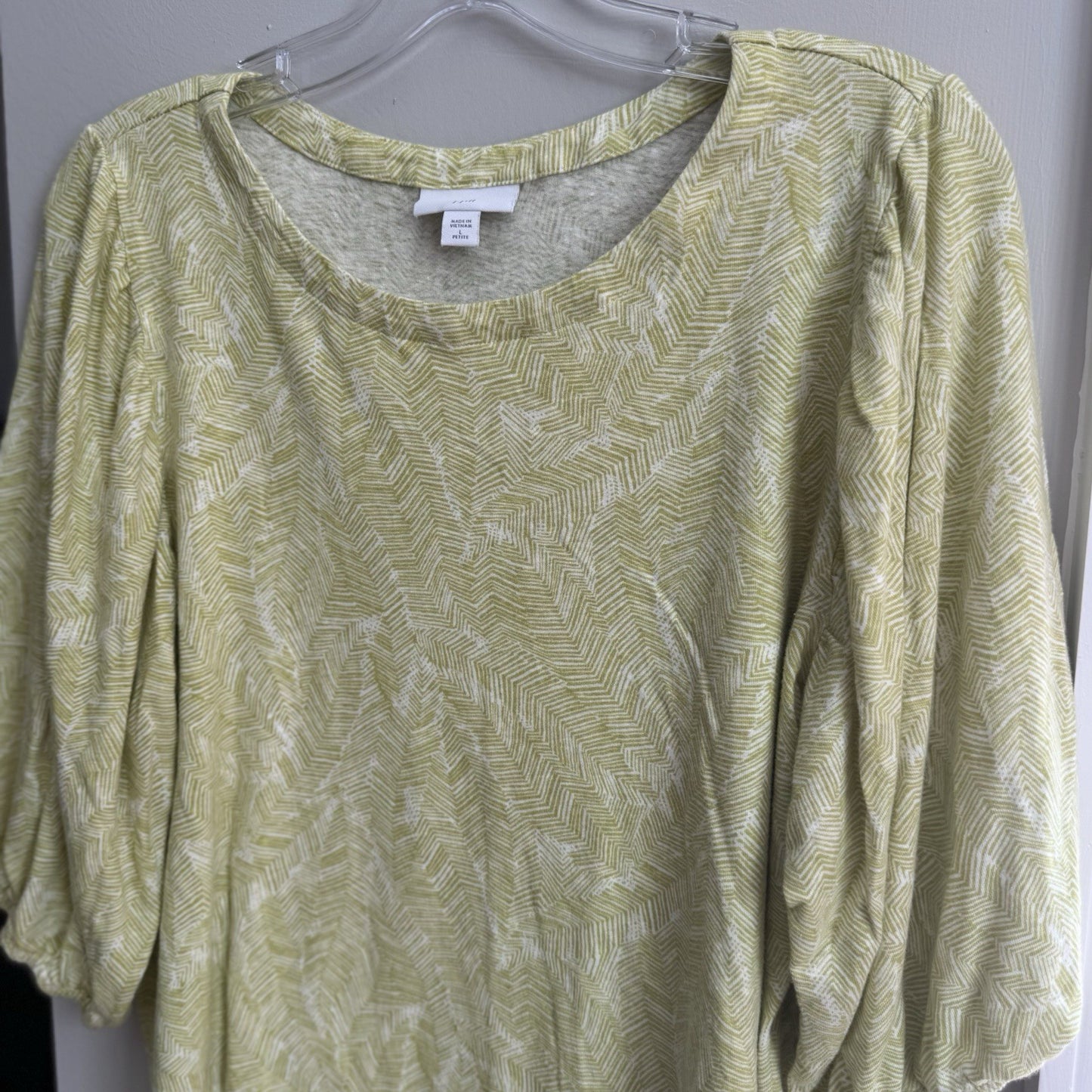 J.Jill Linen Blend Top L Petite Green White Geometric Print 3/4 Sleeve