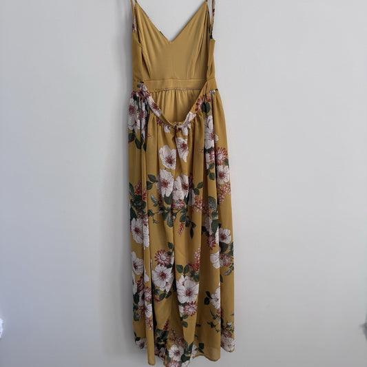 Love Tree Mustard Floral Maxi Dress Women M Boho V Neck Spaghetti Strap