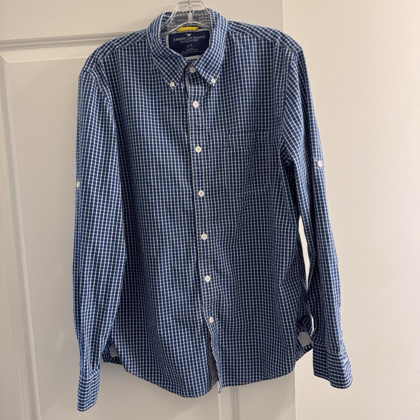 American Eagle Blue Plaid Shirt Men L Button Down Cotton Long Sleeve Casual