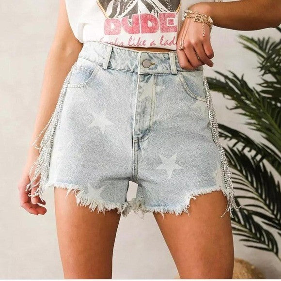NWT L Blue B collections Ultra High Rise Rhinestone Fringe Short