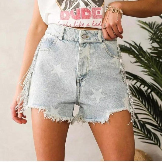 NWT L Blue B collections Ultra High Rise Rhinestone Fringe Short