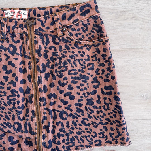 We The Free 26 Leopard Denim Mini Skirt Pink Zip Front Raw Hem