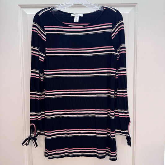 White House Black Market Top Medium Black Pink Stripe Long Sleeve Tie Cuff