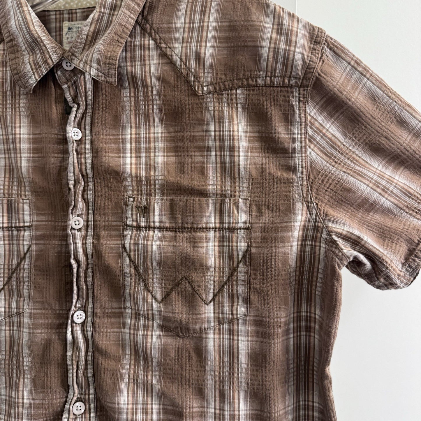 Wrangler Western Plaid Shirt Men’s Medium Brown Short Sleeve 100% Cotton USA Tag