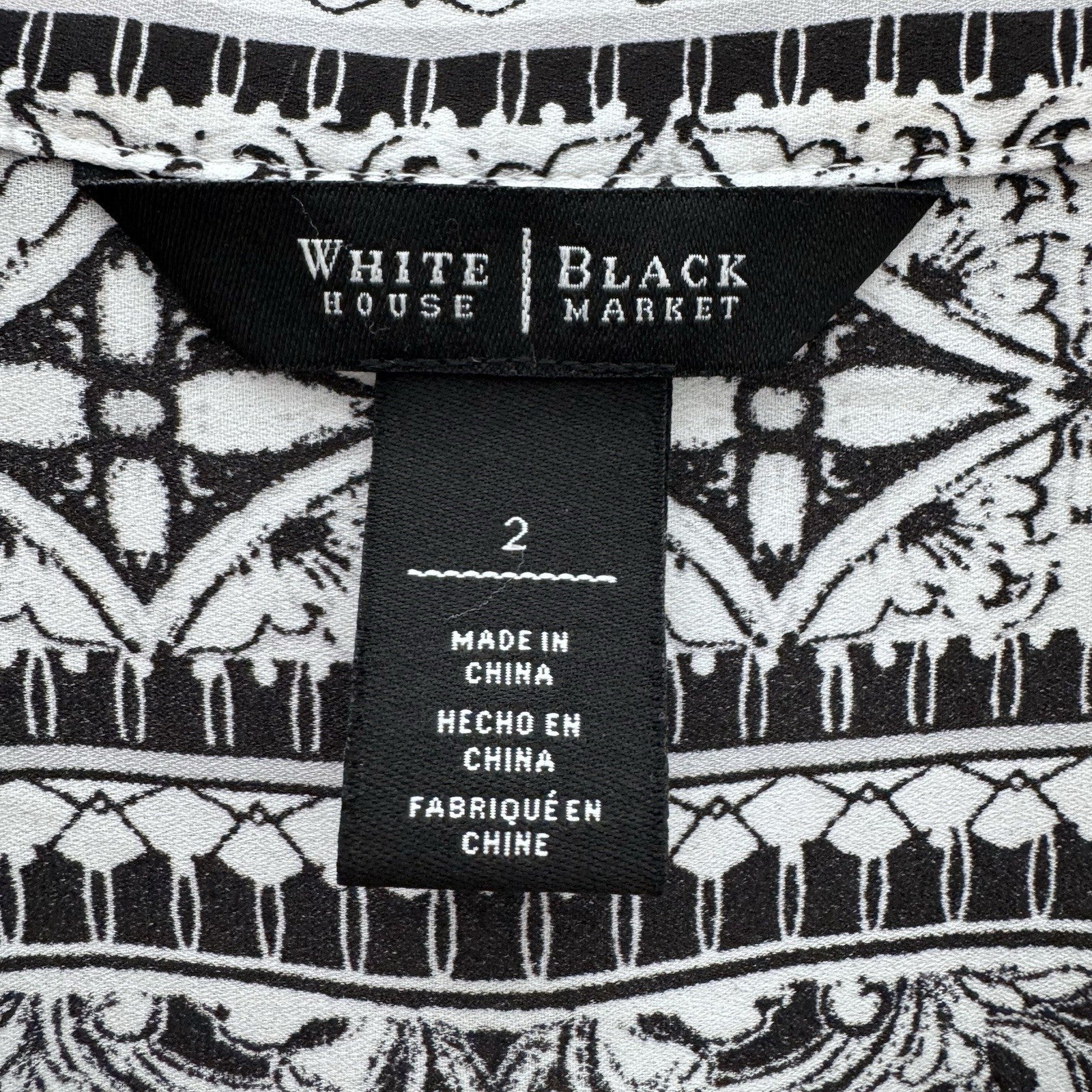 White House Black Market Tunic Top Size 2 Black White Geometric Print Boho