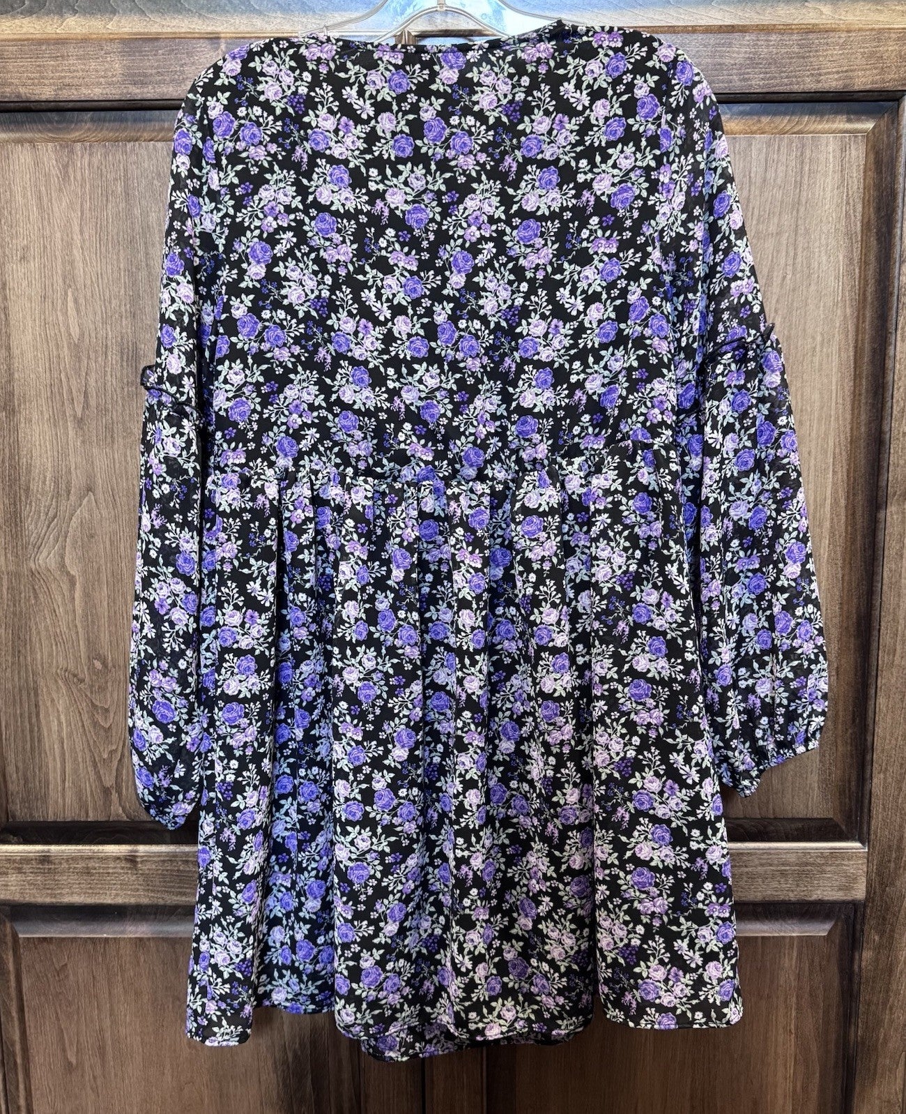 DIVIDED H&M Black Floral Babydoll Mini Dress Long Sleeve V-Neck Size SMALL