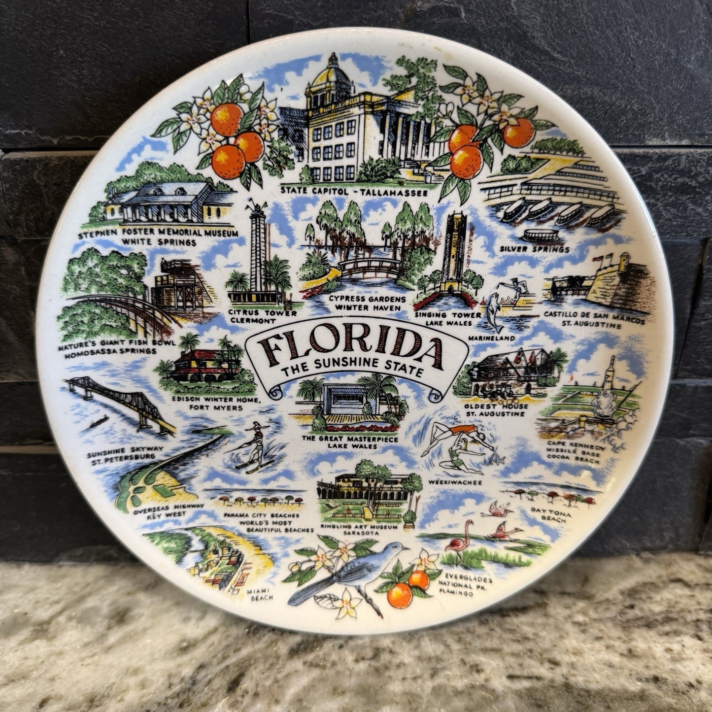 Florida Souvenir Plate Vintage Attractions Map Collectible US State Art 7”