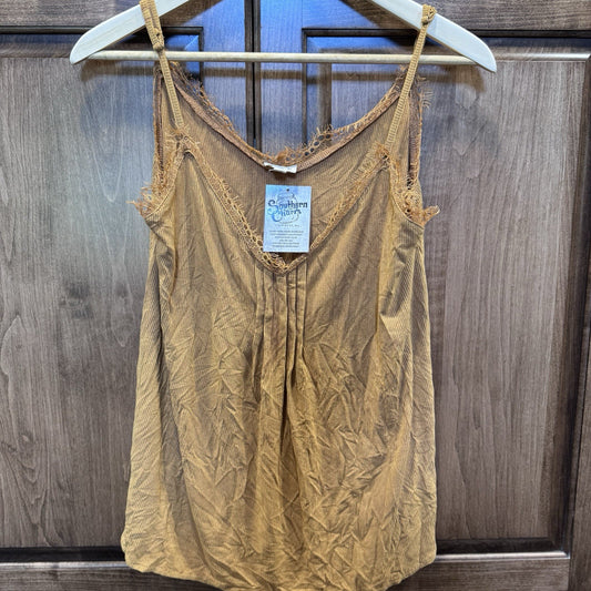 POL NWT Mustard Yellow Ribbed Tank Top Women’s Size Small Lace Trim
