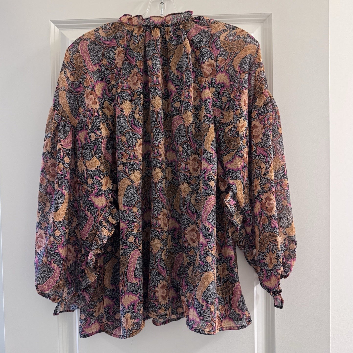 Entro Floral Ruffle Blouse Large Boho Sheer Long Sleeve Top Lined