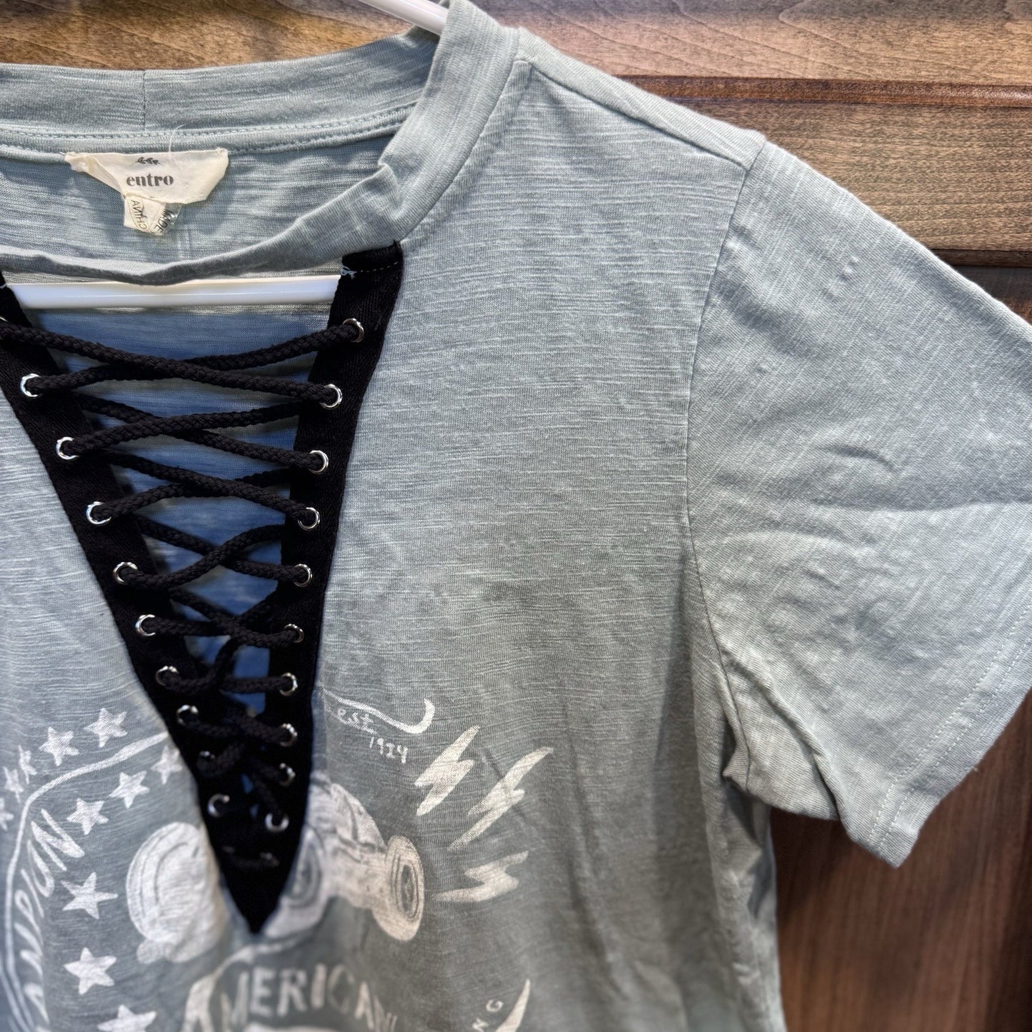 Entro Lace Up V-Neck Graphic Tee American Racing Champion Blue T-Shirt Size L