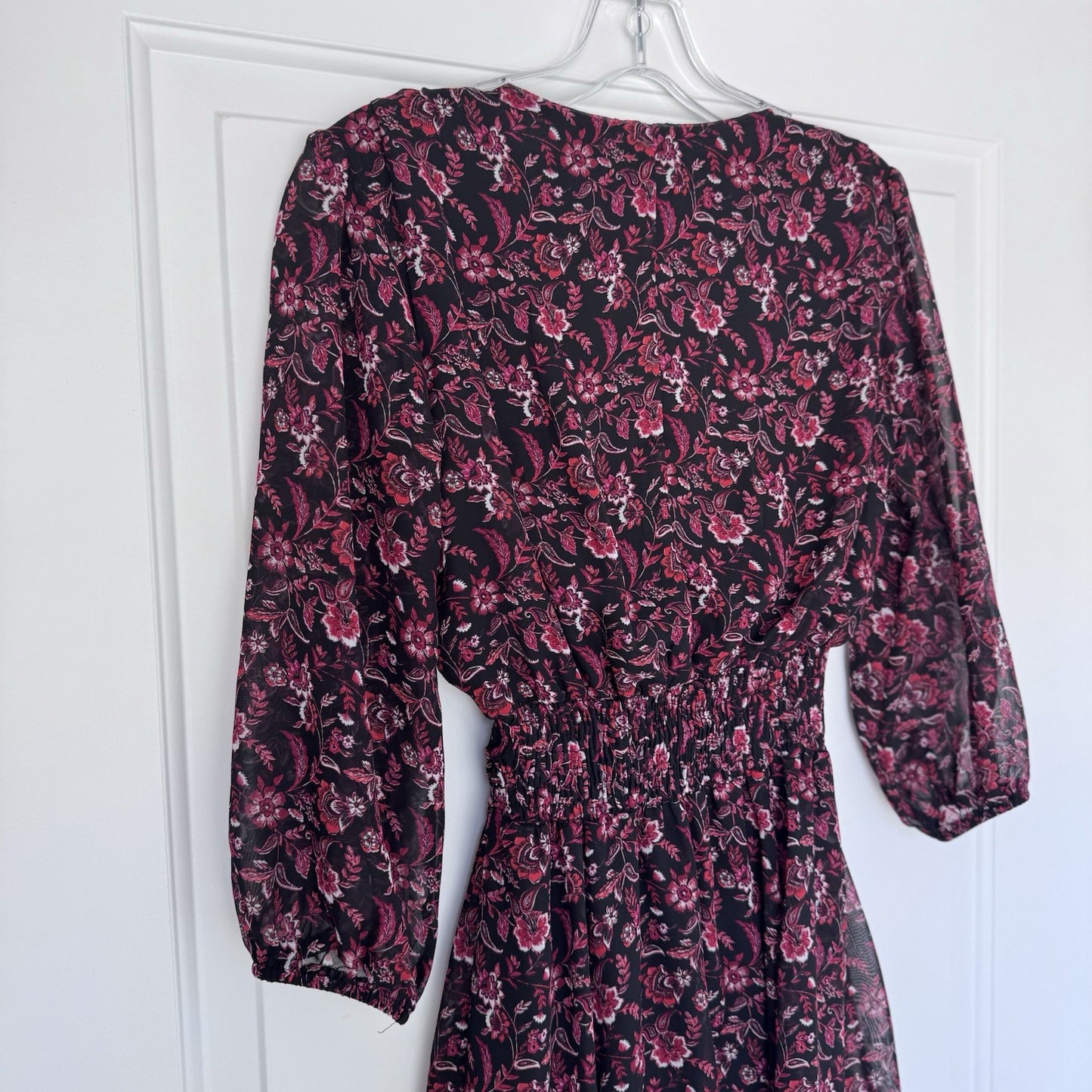 Kate and Lily Dress Size 4 Black Red Floral Midi Sheer Sleeve Smocked Waist