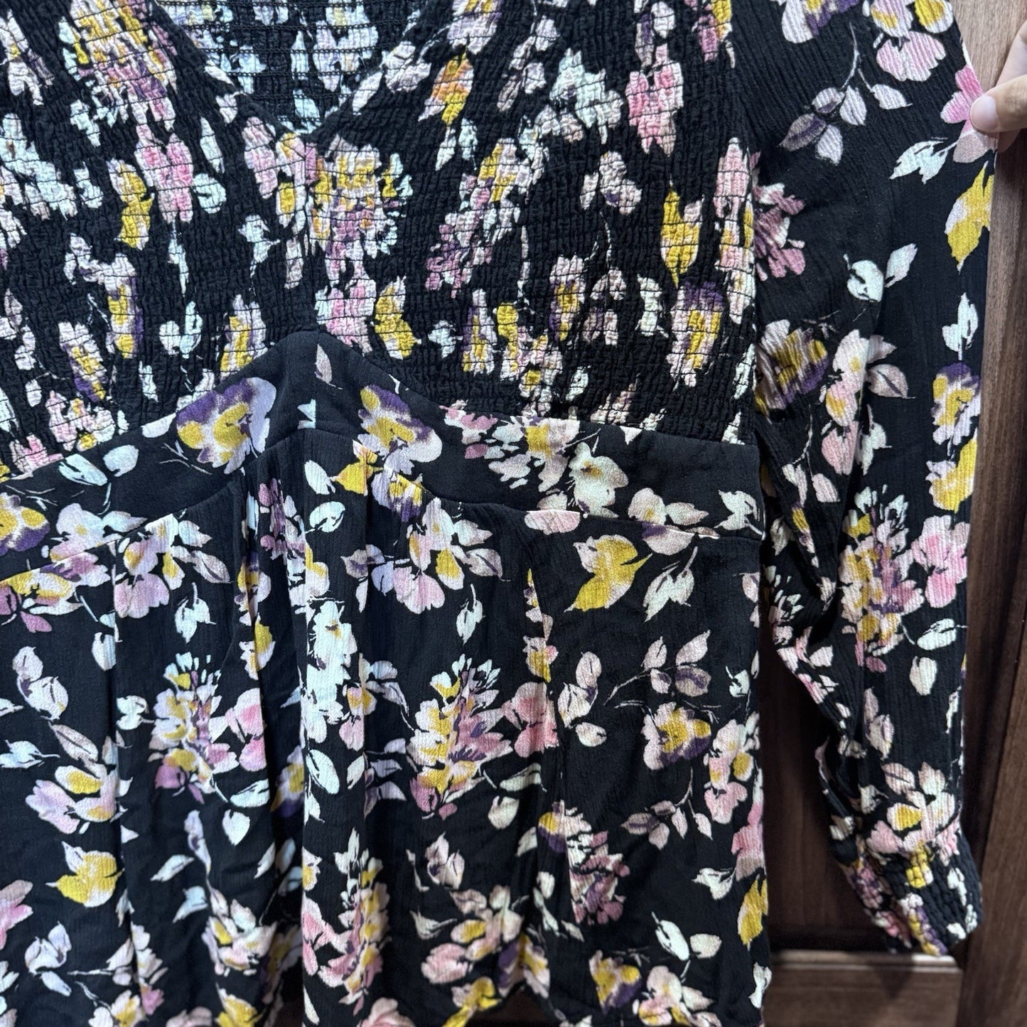 Torrid Size 0 (12) Floral Long Sleeve Blouse Black Smocked Empire Waist Boho Top