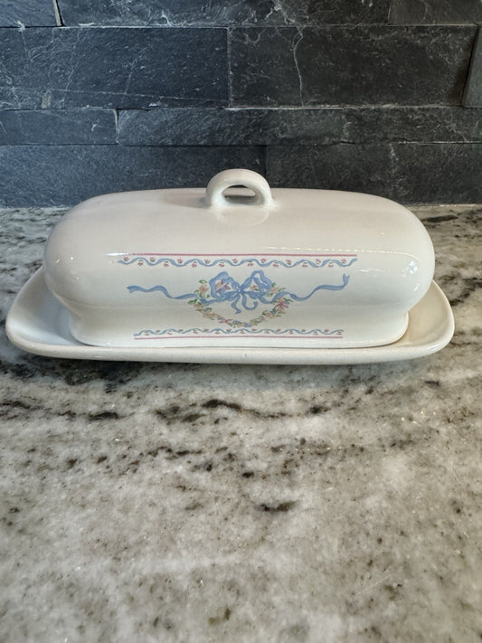 Rare Vintage Butter Dish Bows Ribbon White Pink Blue Ceramic