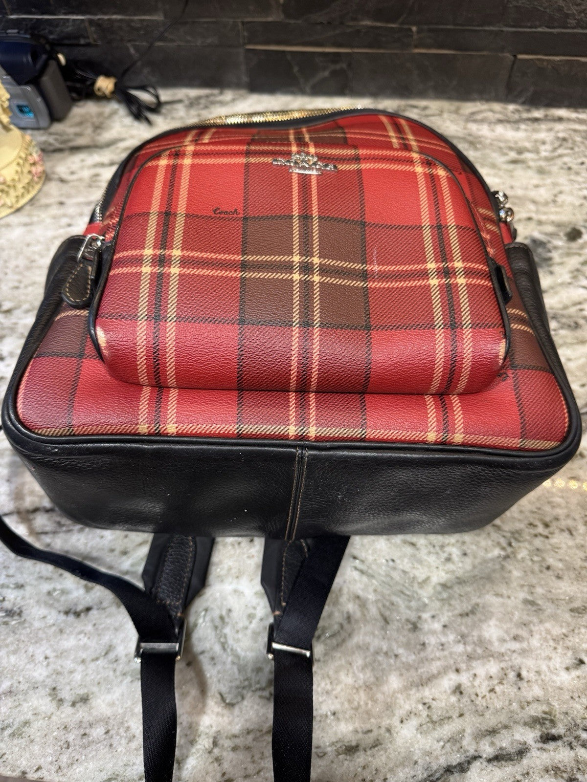 Coach Court Buffalo Plaid Check Backpack Bag Red Black Authentic