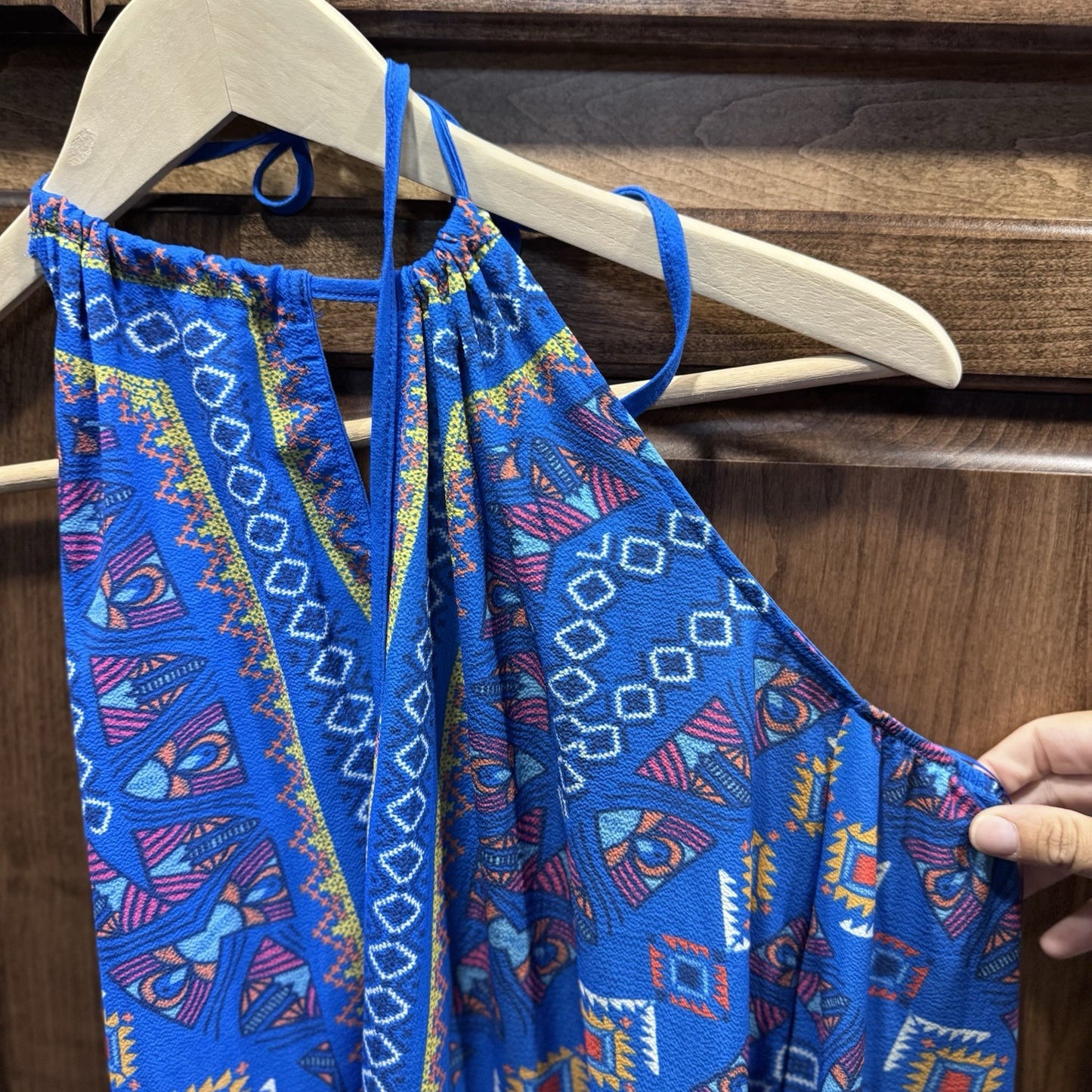 Flying Tomato Halter Maxi Dress Small Boho Festival Aztec Print Blue Pink Tribal