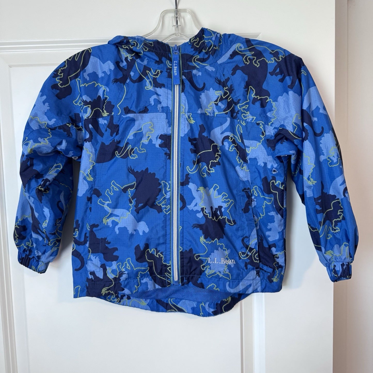 L.L.Bean Kids Rain Jacket Size 4 Blue Dino Print Hooded Windbreaker