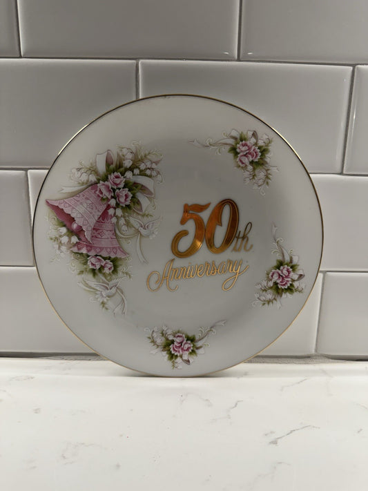Enesco 50th Wedding Anniversary Floral Bell Dove Gold Trim Vintage Plate