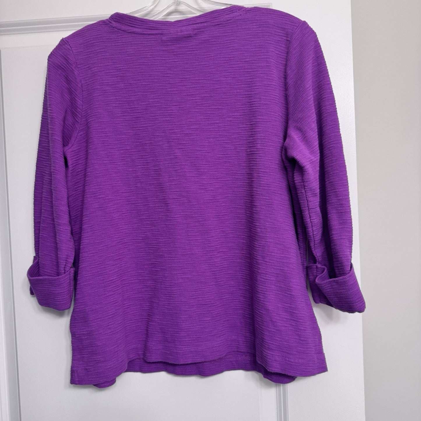 J. Jill Purple Button Front Cotton Knit Top M Petite 3/4 Sleeve Textured
