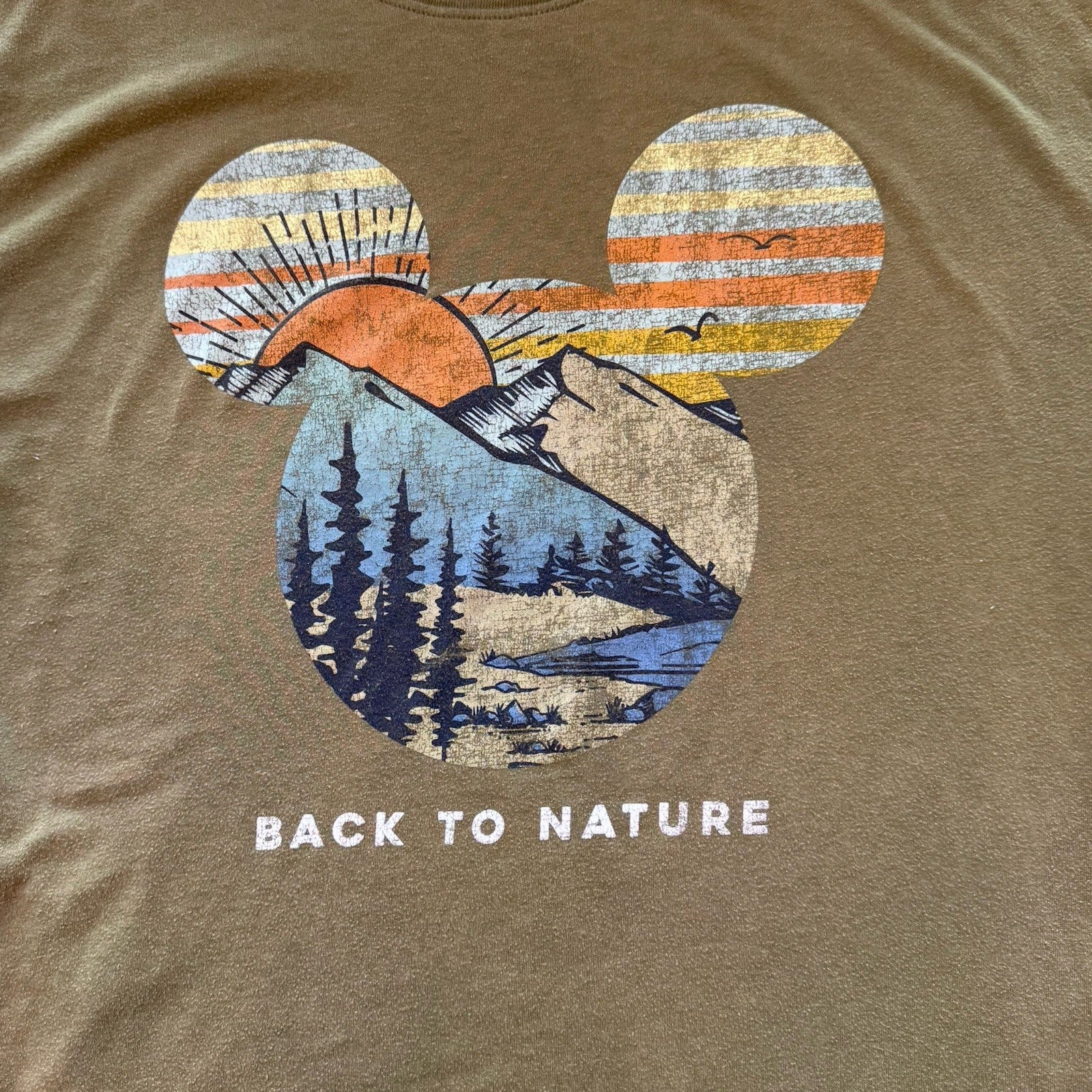Disney Mickey Mouse “Back to Nature” T-Shirt Size XL Olive Green Nature Tee