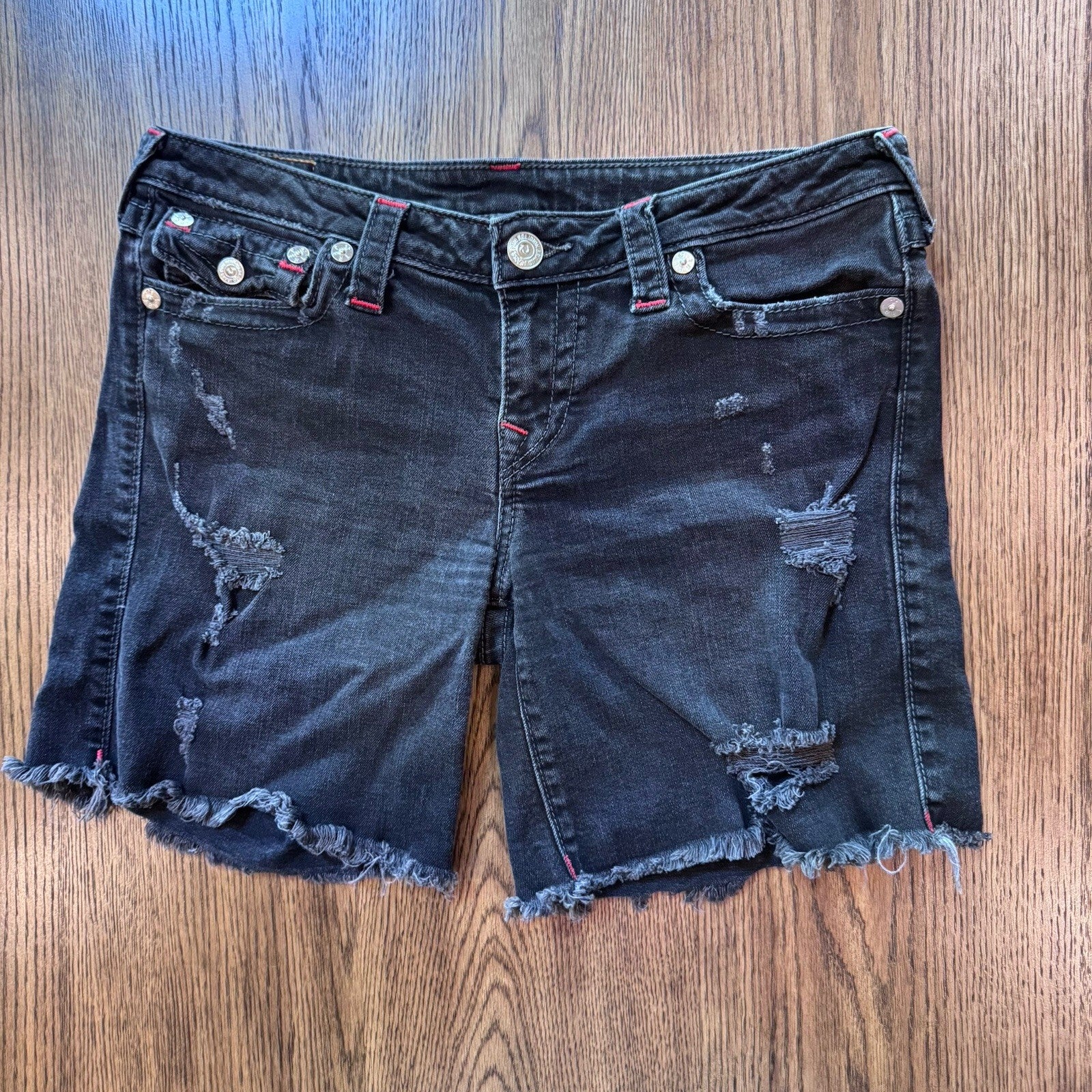 True Religion Mid Cut Off Denim Shorts Black Distressed Flap Pockets Size 30