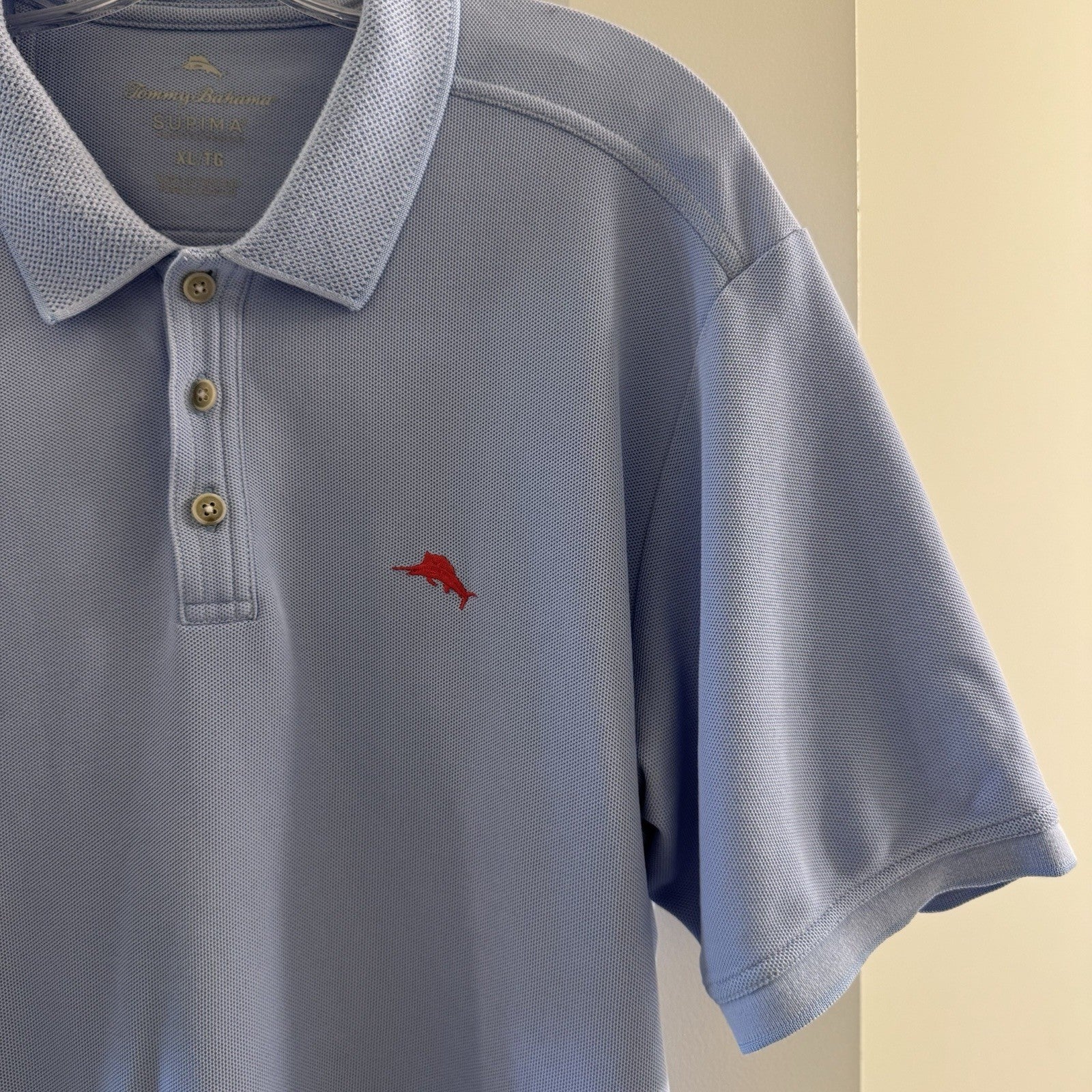 Tommy Bahama Supima Polo Shirt XL Blue Short Sleeve Cotton Blend Marlin Logo