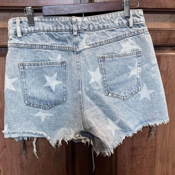 NWT L Blue B collections Ultra High Rise Rhinestone Fringe Short