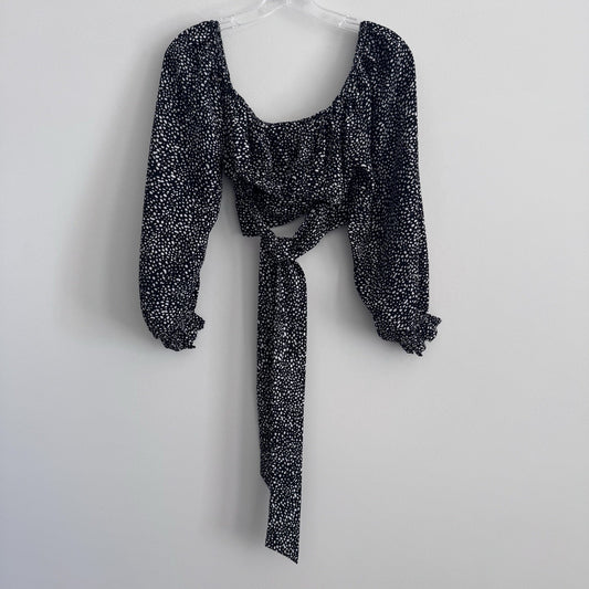 Altar’d State Black Polka Dot Tie Back Crop Top Small Puff Sleeve