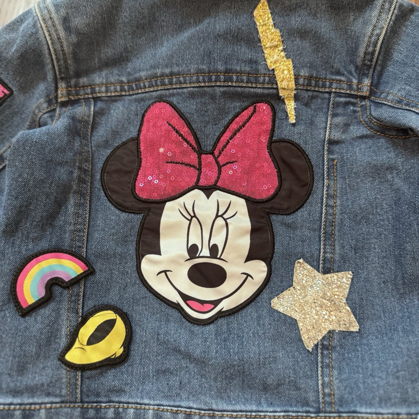 Disney Minnie Mouse Girls Denim Jacket Sherpa Collar Patchwork Size 4T