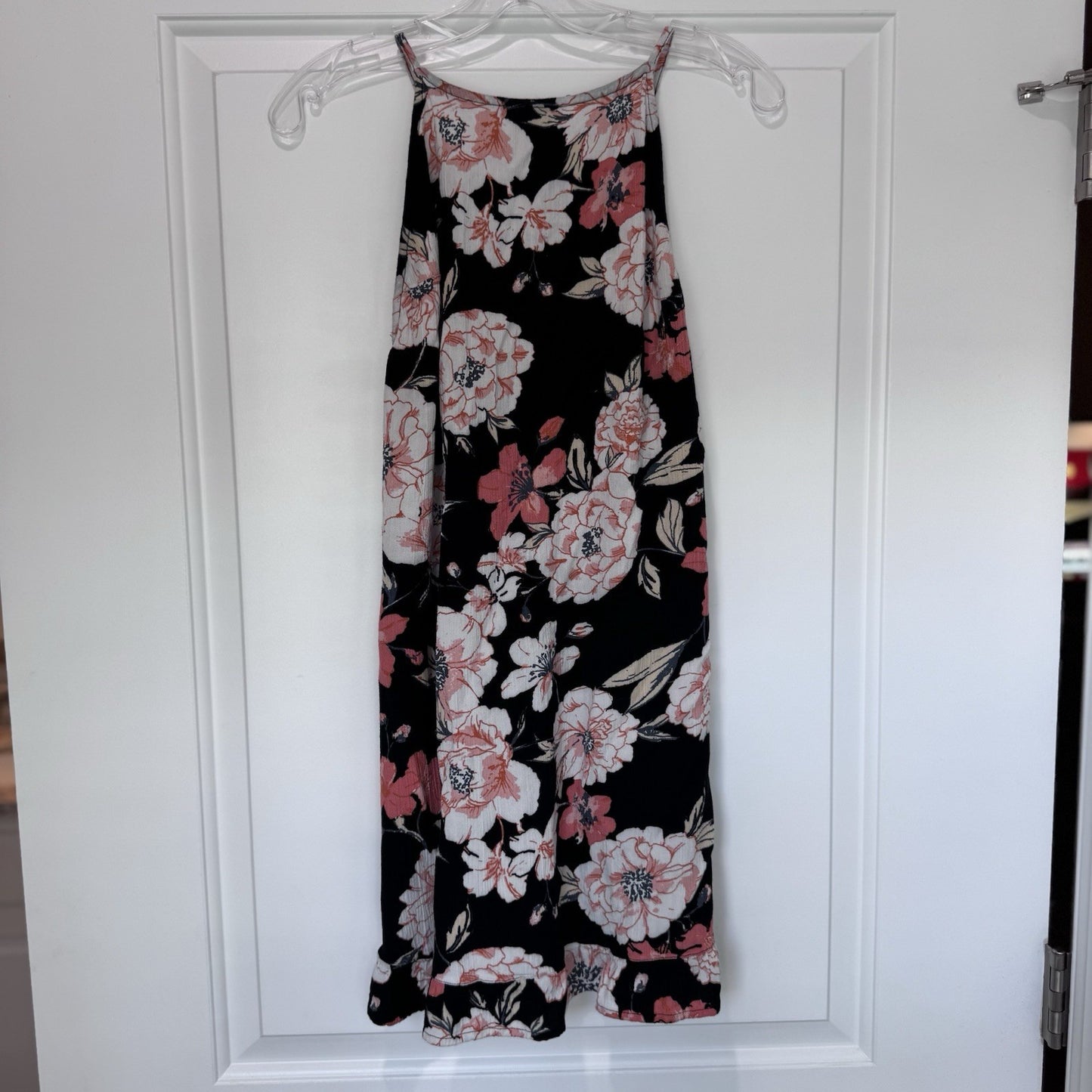Roxy Floral Halter Dress Black Pink Sleeveless Summer Beach Boho Y2K Small