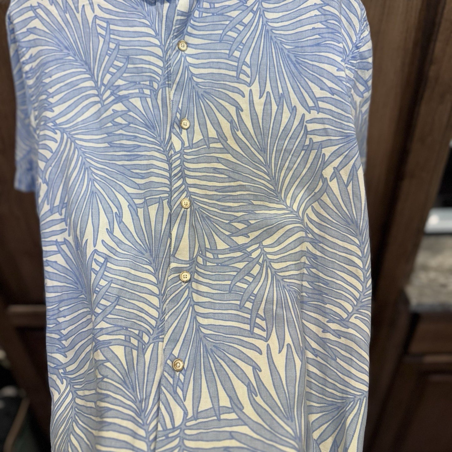 Tasso Elba Island Blue White Palm Print Short Sleeve Button-Up Shirt XL